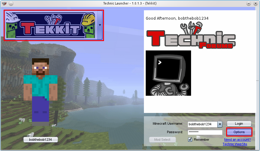 Once you have selected Tekkit, click on the Options button (Bottom ...